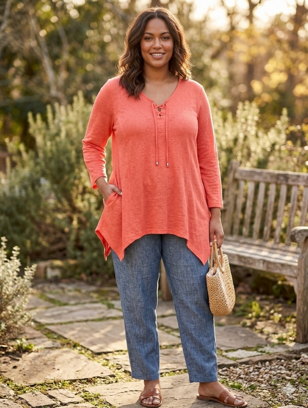 Como Vintage Coral Linen Blend Lace-Up Sharkbite Hem Tunic Top - Size L